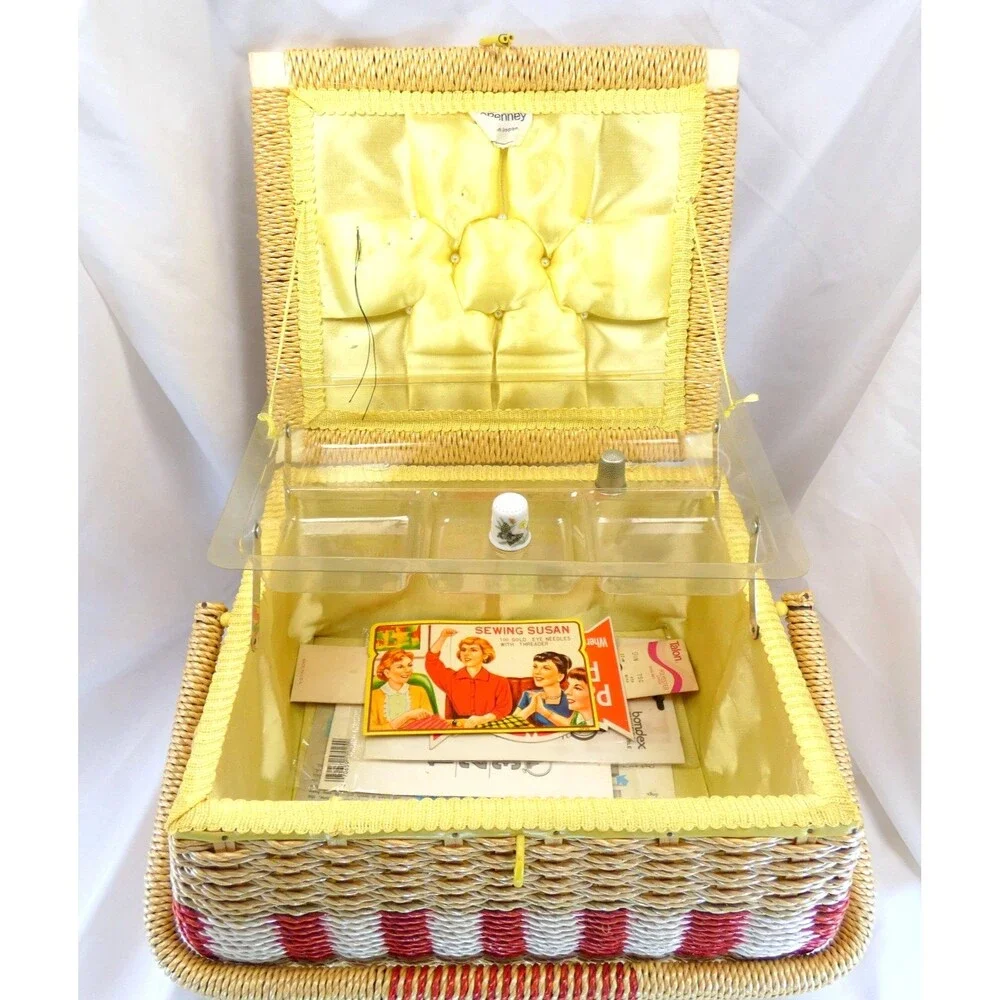 VTg  Embroidery Floral Top Sewing Basket with Insert JCPenney Yellow